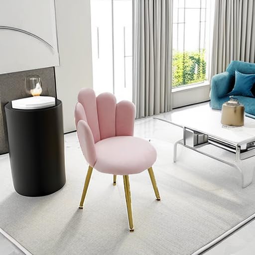 Bharat Bhavishya Bharat Bhavishya Vanity Chair for Makeup Room Midcentury Modern Accent Velvet Chair with Back Support Gold Legs for Living Room Bedroom Pink1 Pcs  - Image 5