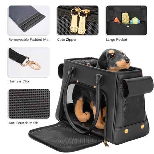 Minsong Fashion Pet Carrier Purse for Small Cat and Dog, Luxury Pu Soft-Sided Tote Bag with Large Pockets for Dogs and Puppies (Black, 15.8" L x 7.5" W x 11.8" H) - Image 4