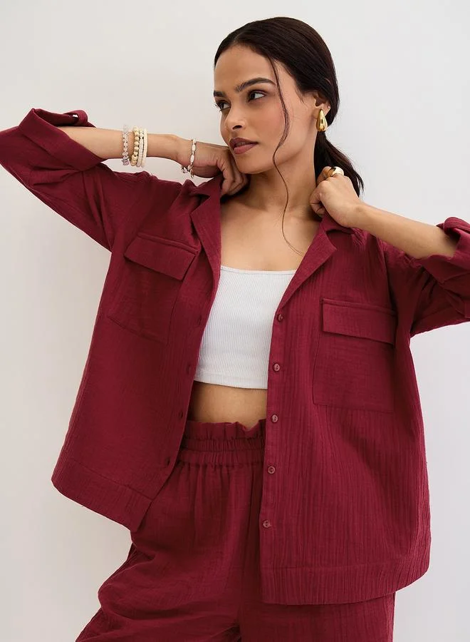 Femmella Burgundy Cotton Gauze Shirt and Shorts Co-Ords
