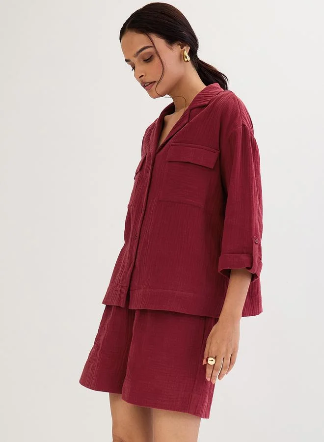 Femmella  Burgundy Cotton Gauze Shirt and Shorts Co-Ords for Women | Best Price UAE