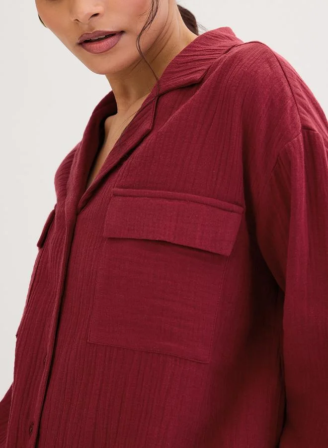 Femmella  Burgundy Cotton Gauze Shirt and Shorts Co-Ords for Women | Best Price UAE