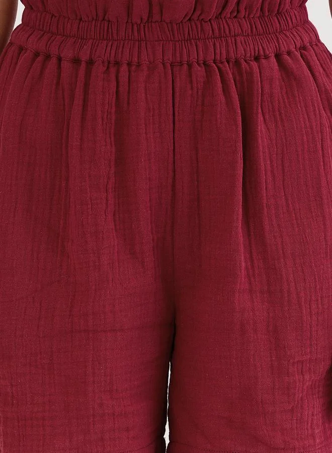 Femmella  Burgundy Cotton Gauze Shirt and Shorts Co-Ords for Women | Best Price UAE