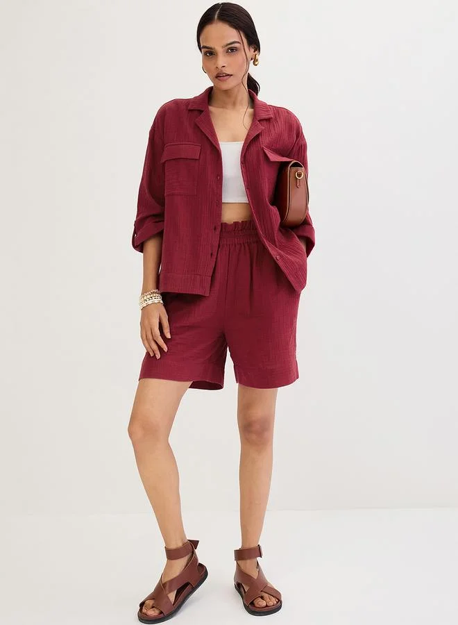 Femmella  Burgundy Cotton Gauze Shirt and Shorts Co-Ords for Women | Best Price UAE