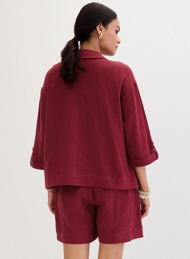 Femmella  Burgundy Cotton Gauze Shirt and Shorts Co-Ords for Women | Best Price UAE