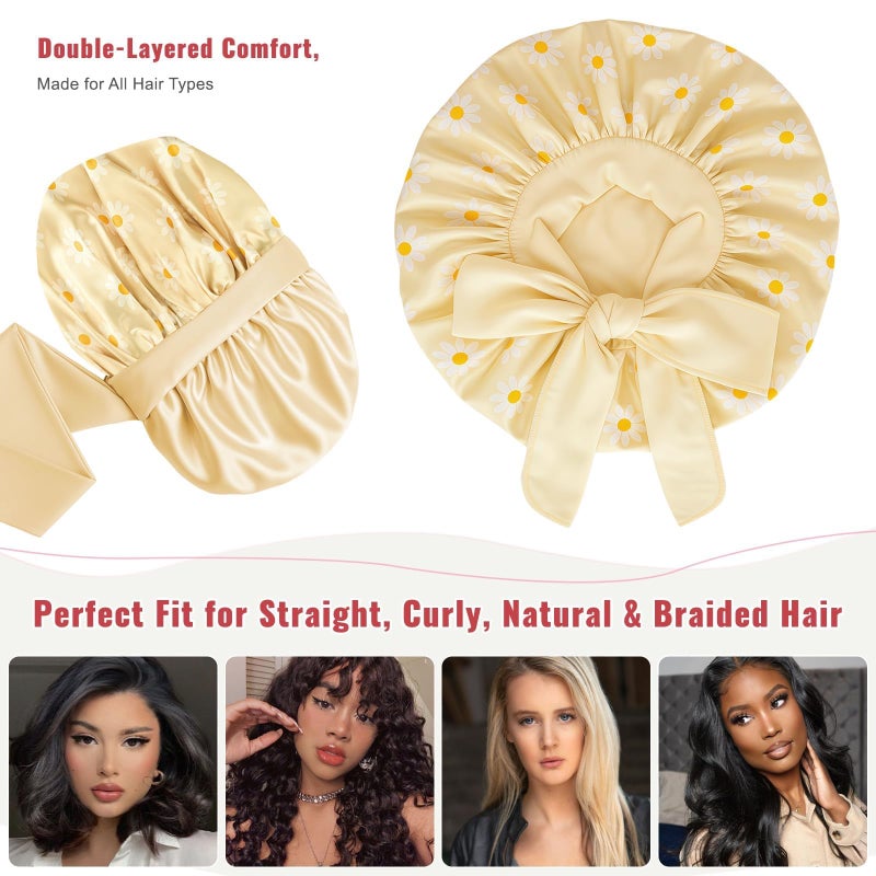 LEADUWAY Silk Satin Hair Bonnet with Strap for Sleeping, Double-Layer Sleep Cap for Women, Soft Lining Wrap for Curly Hair (Gold) - Image 4