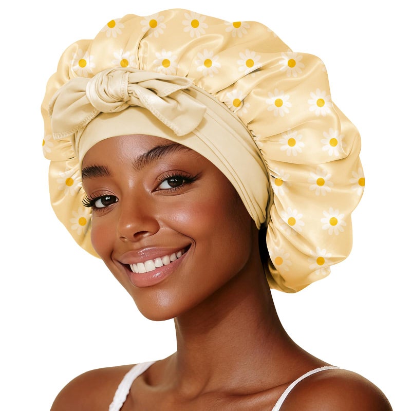 LEADUWAY Silk Satin Hair Bonnet with Strap for Sleeping, Double-Layer Sleep Cap for Women, Soft Lining Wrap for Curly Hair (Gold) - Image 1