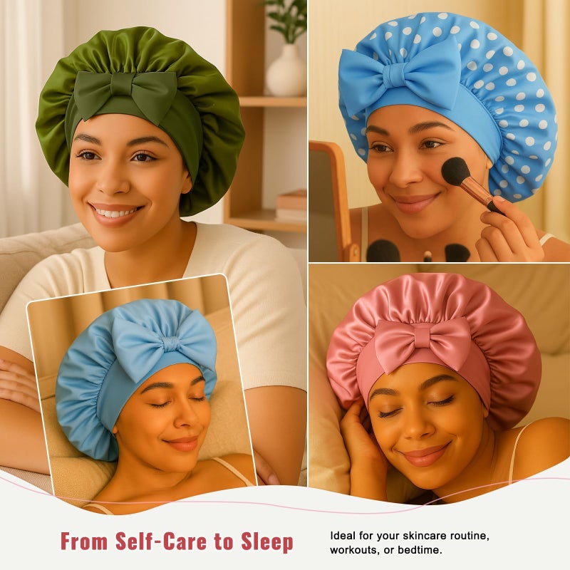 LEADUWAY Silk Satin Hair Bonnet with Strap for Sleeping, Double-Layer Sleep Cap for Women, Soft Lining Wrap for Curly Hair (Gold) - Image 5