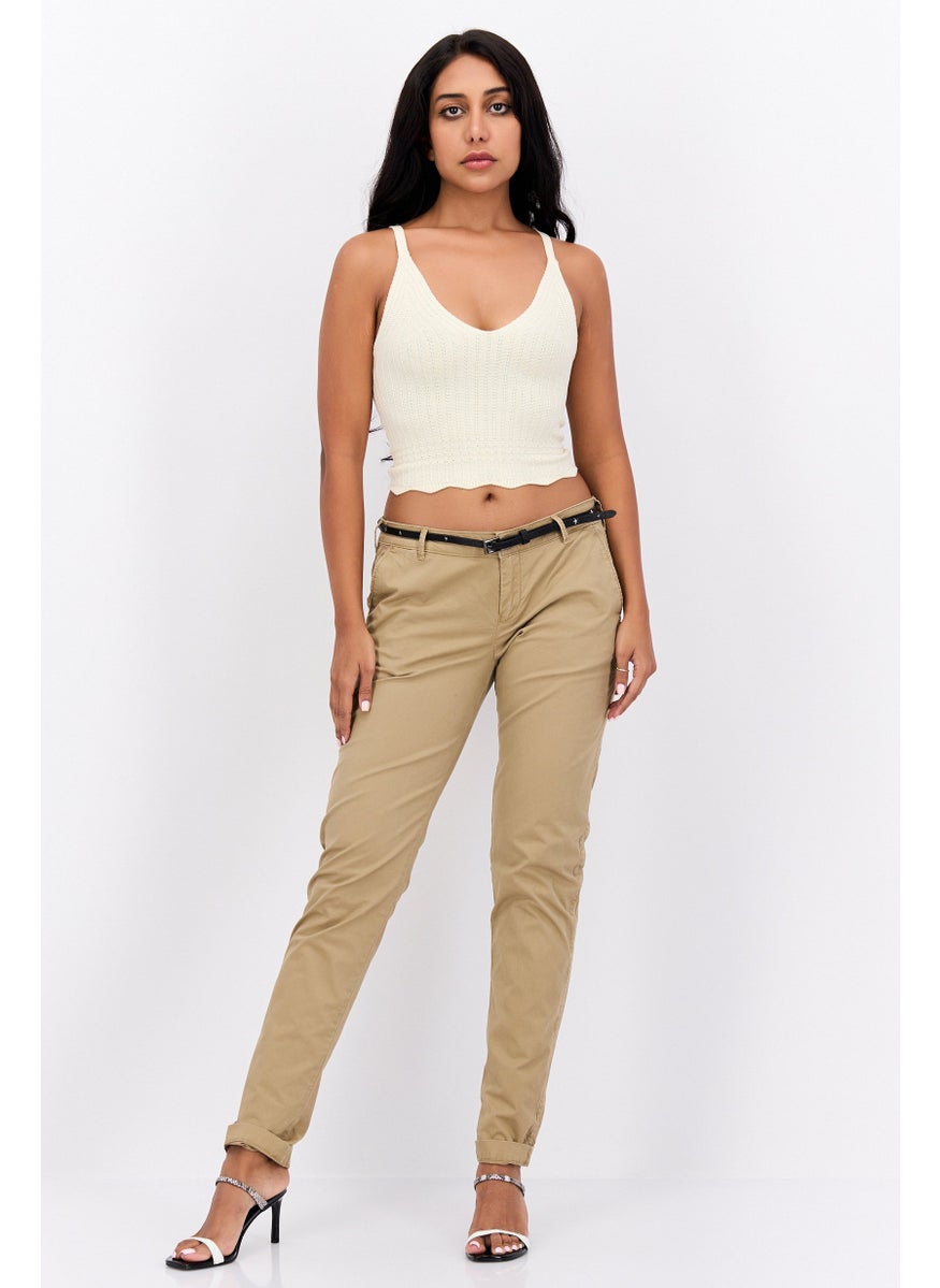 Scotch & Soda Women Regular Fit Belted Solid Chino Pants, Khaki  - Image 4