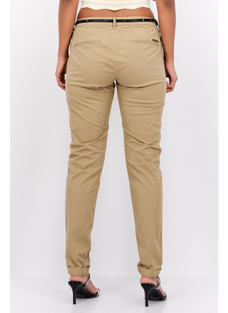 Scotch & Soda Women Regular Fit Belted Solid Chino Pants, Khaki  - Image 3