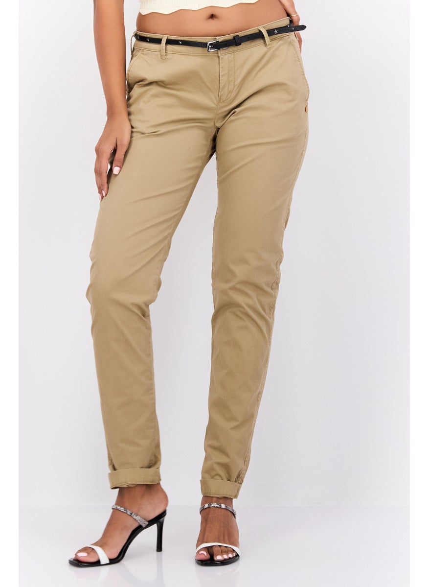 Scotch & Soda Women Regular Fit Belted Solid Chino Pants, Khaki  - Image 1