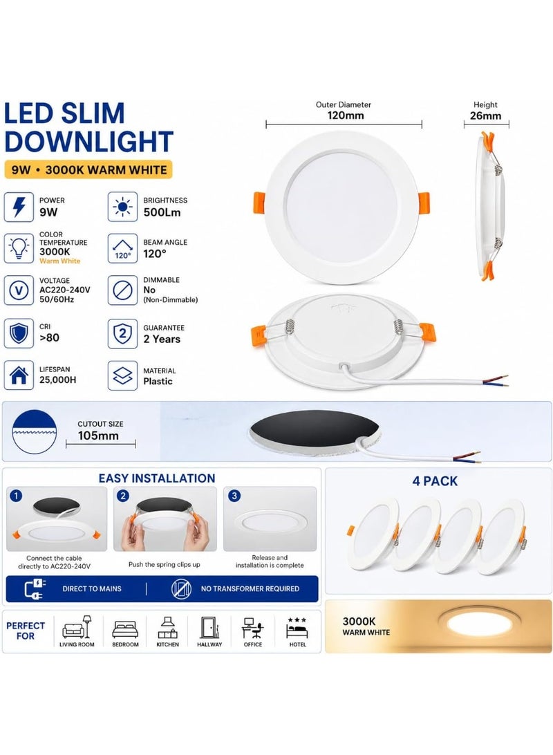 Lynacz Original LED Slim Downlights 9W, Recessed Ceiling Light, Outer Diameter 120mm, Cutout 105mm, 3000K Warm White, Non-Dimmable, 220-240V, 4 Pack, - Image 3
