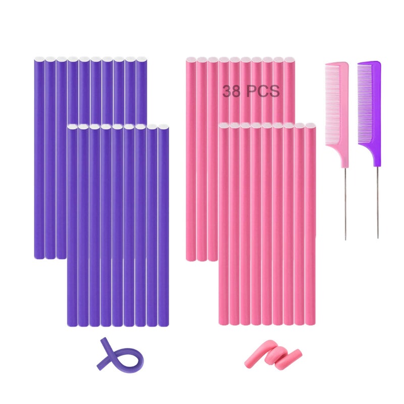 38Pcs Bendable Hair Curlers with Steel Pintail Comb Foam Twist Rollers for Heatless Curls on All Hair Lengths