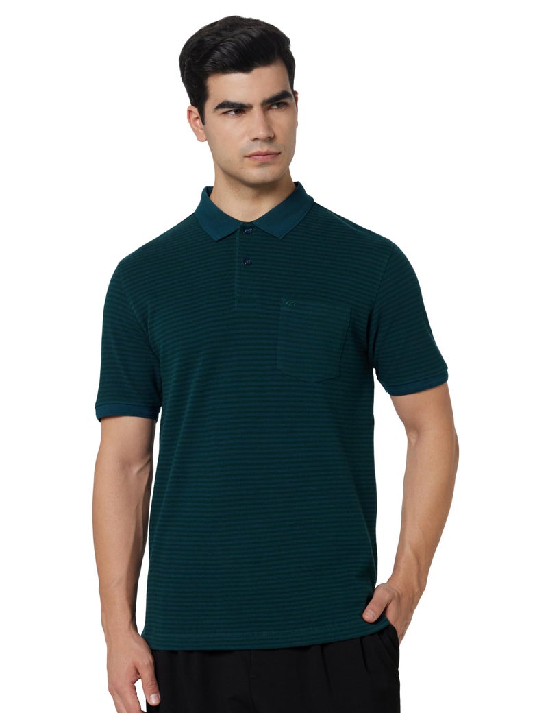 Peter England Men's Cotton-Polyester Fine Stripe Polo Shirt – Casual Wear | Sleek & Comfortable Dark Green - Image 1