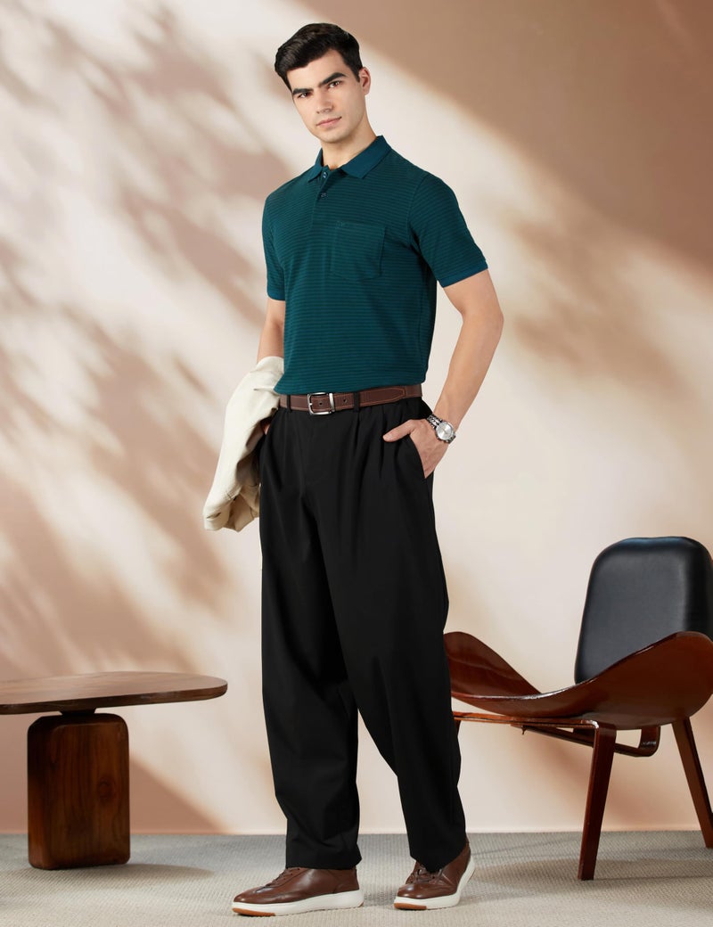 Peter England Men's Cotton-Polyester Fine Stripe Polo Shirt – Casual Wear | Sleek & Comfortable Dark Green - Image 2