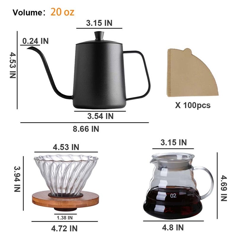 dolljojo Pour Over Coffee Maker Set, Includes 20oz Coffee Dripper Server, Gooseneck Kettle, V60 Coffee Dripper With Bamboo Holder,100 Paper Filters,For 2-4cups coffee (Black Kettle Set) - Image 2