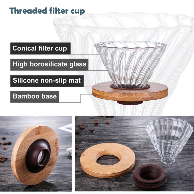 dolljojo Pour Over Coffee Maker Set, Includes 20oz Coffee Dripper Server, Gooseneck Kettle, V60 Coffee Dripper With Bamboo Holder,100 Paper Filters,For 2-4cups coffee (Black Kettle Set) - Image 3