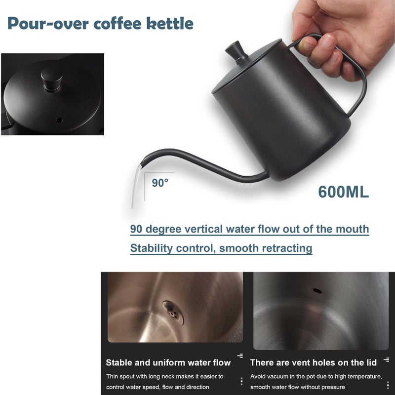 dolljojo Pour Over Coffee Maker Set, Includes 20oz Coffee Dripper Server, Gooseneck Kettle, V60 Coffee Dripper With Bamboo Holder,100 Paper Filters,For 2-4cups coffee (Black Kettle Set) - Image 5