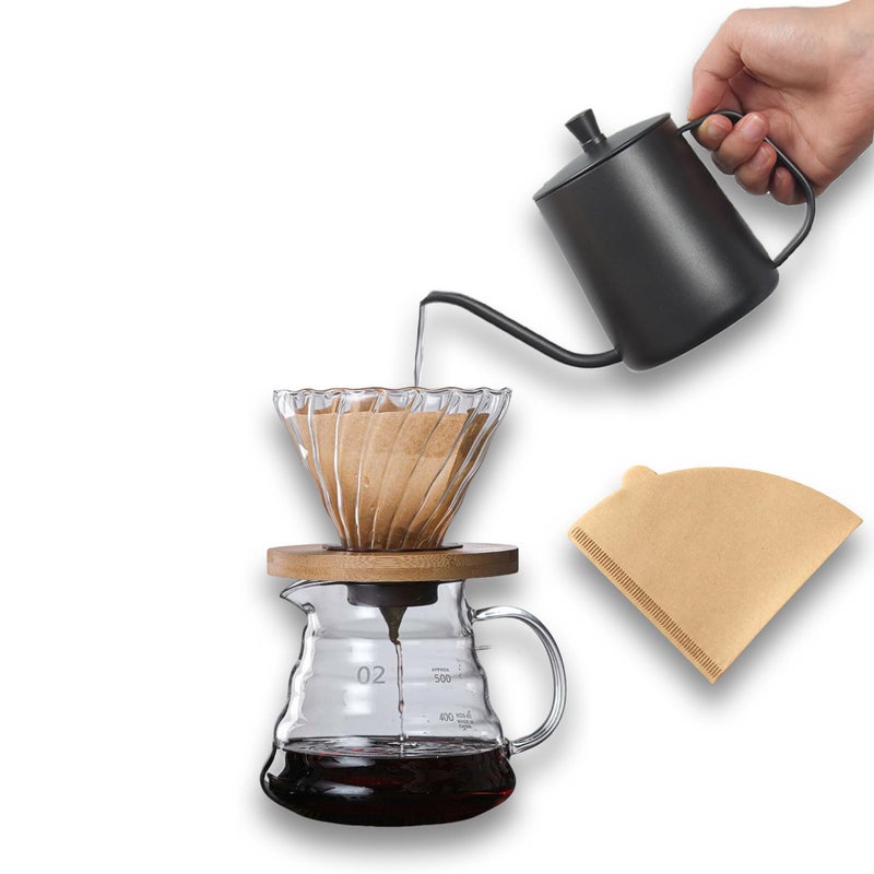 dolljojo Pour Over Coffee Maker Set, Includes 20oz Coffee Dripper Server, Gooseneck Kettle, V60 Coffee Dripper With Bamboo Holder,100 Paper Filters,For 2-4cups coffee (Black Kettle Set) - Image 1