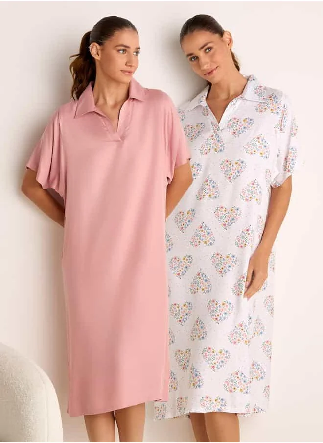 فاف Set of 2 - Tiered Sleepshirt with Collared Neckline and Button Closure