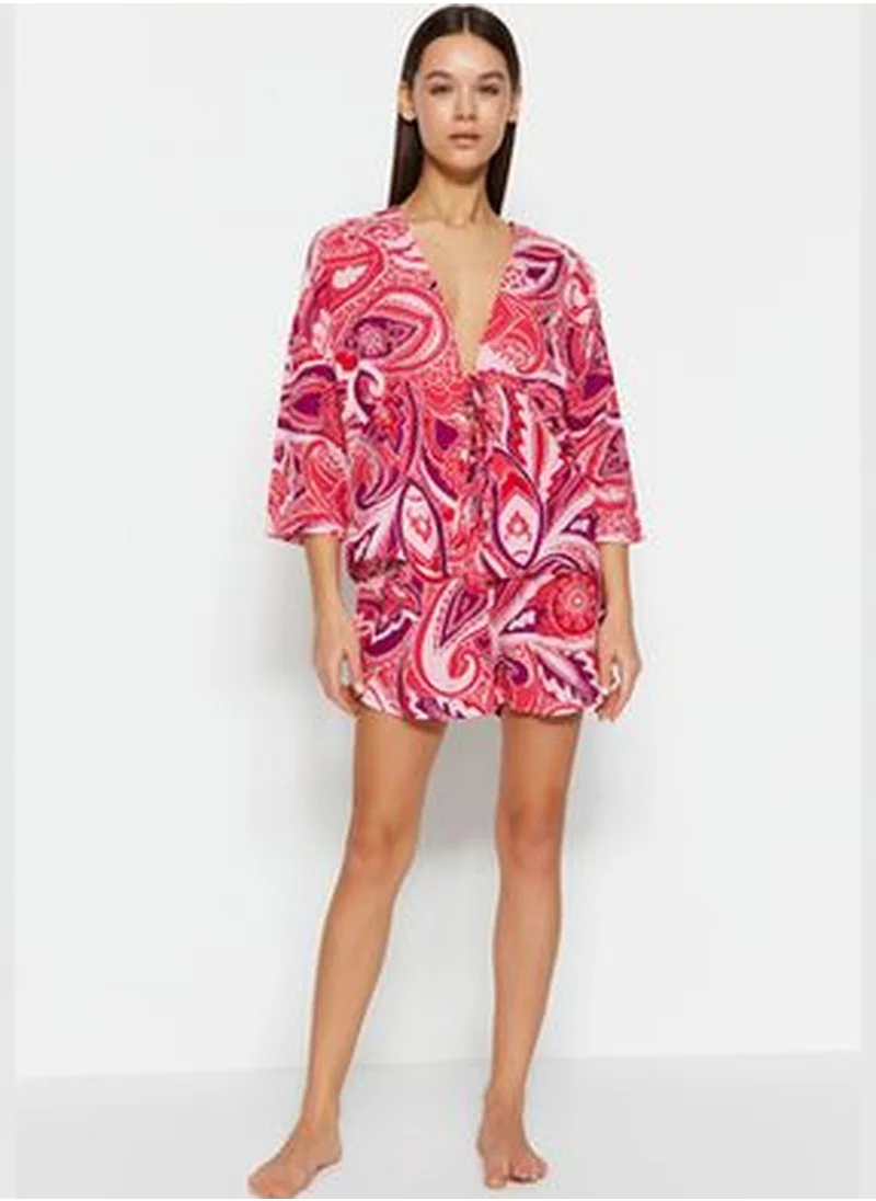 trendyol Fuchsia Printed Tie Detailed Shirt-Shorts Woven Pajamas Set