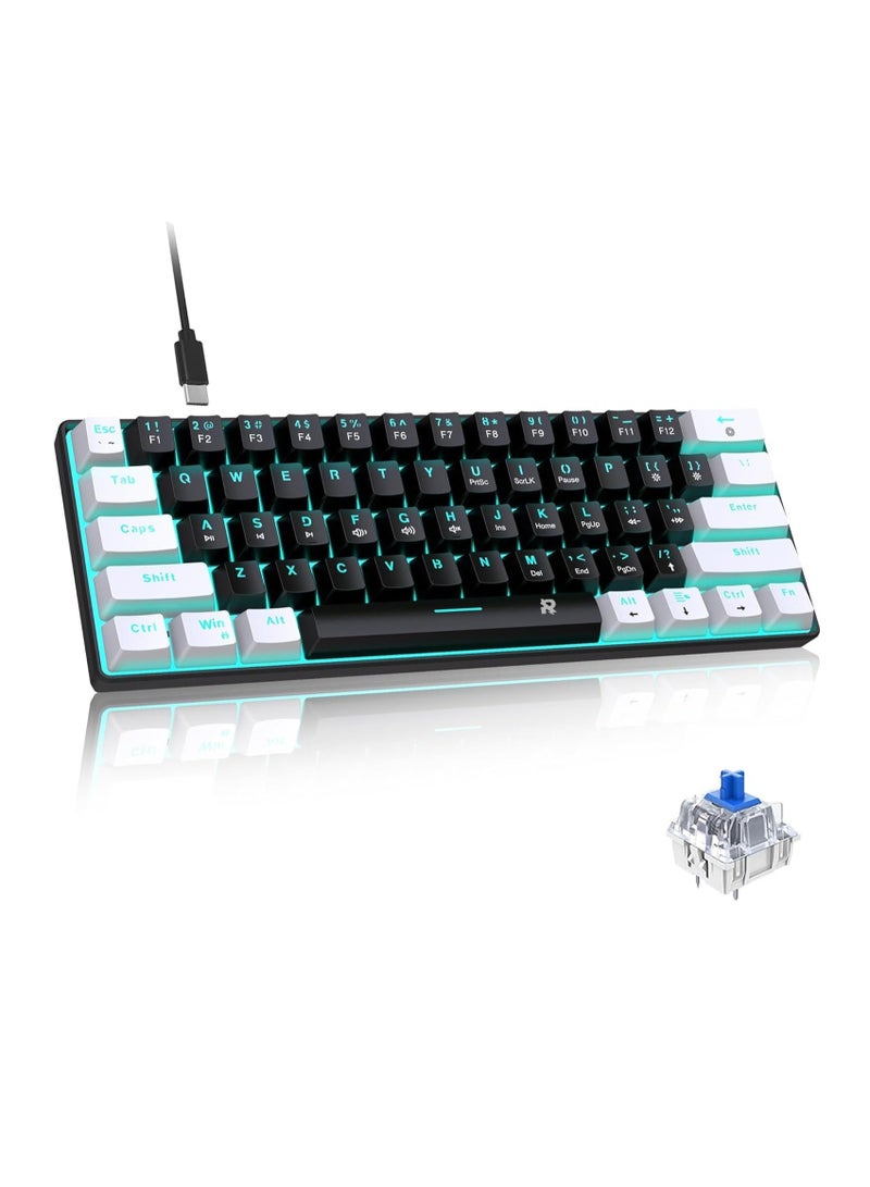 DUNISO Wired 60% Mechanical Gaming Keyboard, Blue Switch Full Anti Ghosting Portable Mini Keyboard, For Windows Laptop PC Mac (White Black Ice) - Image 2