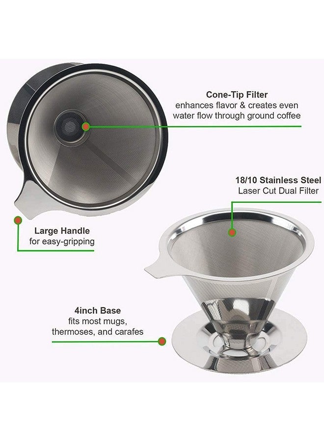 HASTHIP® Pour Over Coffee Dripper-Stainless Steel Reusable Drip Cone Coffee Filter-Paperless Metal Fine Mesh Strainer Coffee Brewer-Coffee Maker 1-6 Cup With Non-slip Cup Stand and Cleaning Brush - Image 2