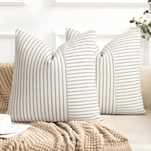 YCOLL Farmhouse Pillow Covers 22x22, Modern Accent Square Throw Pillow Covers Set of 2, Gray and Beige Striped Patchwork Linen Decorative Pillows Cushion Covers for Couch Chair Bedroom Fall Decorations - Image 1