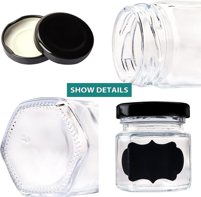 ARUZEN 15 OZ Mini Hexagon Glass Jars 48 Pack Empty Honey Jars Small Spice Jars with Black Lids and 50pcs Labels for Jam Homemade Projects Gifts Wedding Party Favors - Image 5