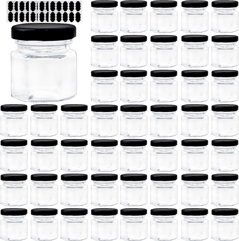 ARUZEN 15 OZ Mini Hexagon Glass Jars 48 Pack Empty Honey Jars Small Spice Jars with Black Lids and 50pcs Labels for Jam Homemade Projects Gifts Wedding Party Favors - Image 1
