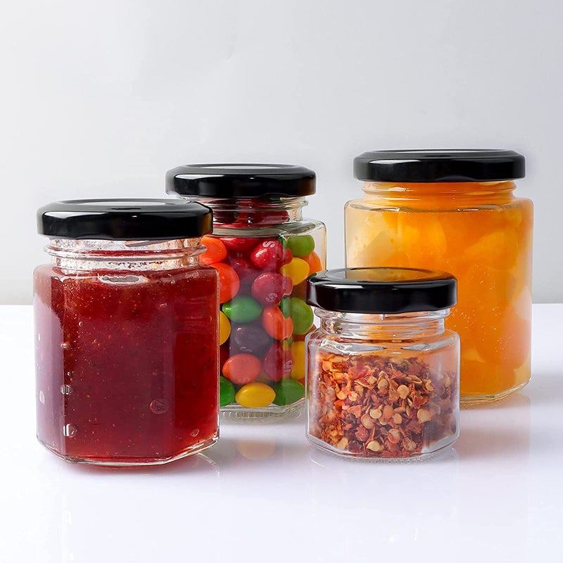 ARUZEN 15 OZ Mini Hexagon Glass Jars 48 Pack Empty Honey Jars Small Spice Jars with Black Lids and 50pcs Labels for Jam Homemade Projects Gifts Wedding Party Favors - Image 2
