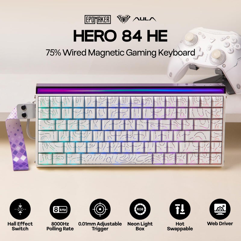 EPOMAKER Aula Hero84 HE Wired Hall Effect Keyboard with RGB Lightbox, 0.01mm Adjustable Actuation, 8KHz Polling, 0.125ms Latency, Snap Key, SOCD, Magnetic Gaming Keyboard (White Topographic) - Image 2