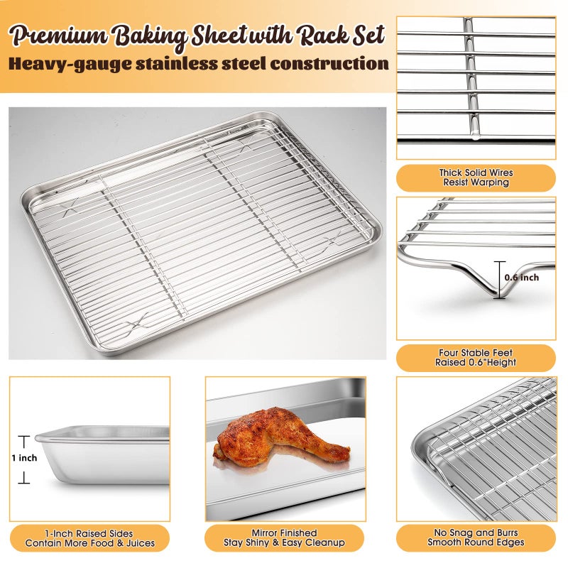 E-far طقم صينية خبز مع رف، E-far 16 بوصة × 12 بوصة صينية بسكويت من الفولاذ المقاوم للصدأ للفرن، صينية معدنية محاطة مع رف تبريد سلكي لطهي وتحميص وراحة لحم الخنزير واللحم الستيك - آمنة للغسل في غسالة الصحون - Image 3
