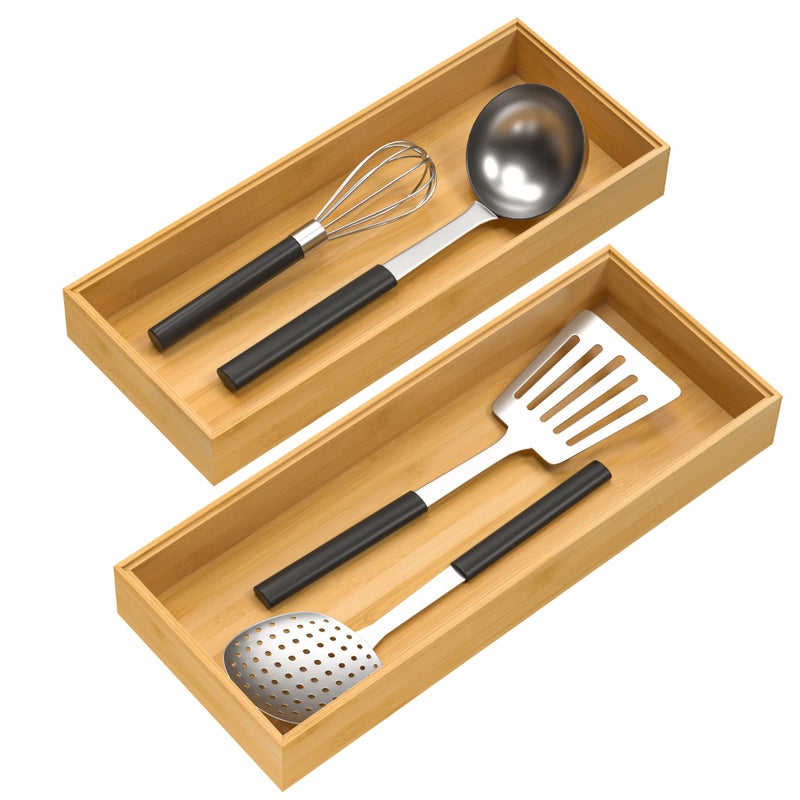 VeyFey Bamboo Drawer Organizer, Stackable Utensil Organizer for Kitchen, Bamboo Storage Box Wood Silverware Tray for Drawer 15" x 6" x 2" Set of 2 - Image 1
