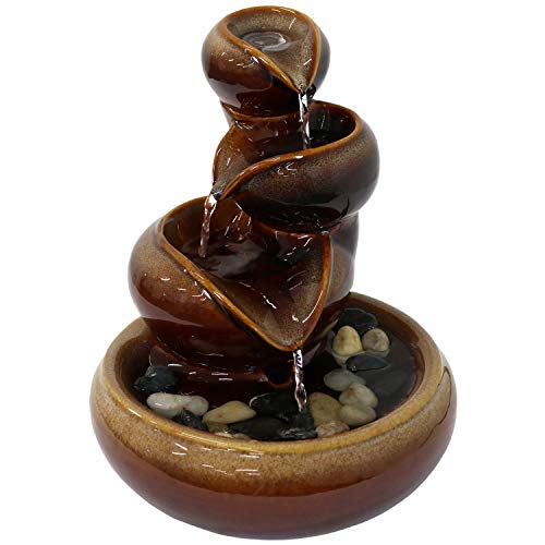 Sunnydaze Sunnydaze Tiered Vessels 10Inch Indoor Ceramic Tabletop Fountain  Electric Submersible Pump with Adjustable Flow Brown 