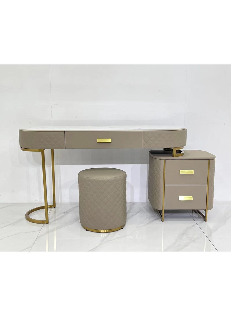 Magic DRESSING TABLE WITH STOOL, KHAKKI PU LEATHER , MARBLE TOP AND STAINLESS STEEL - Image 1