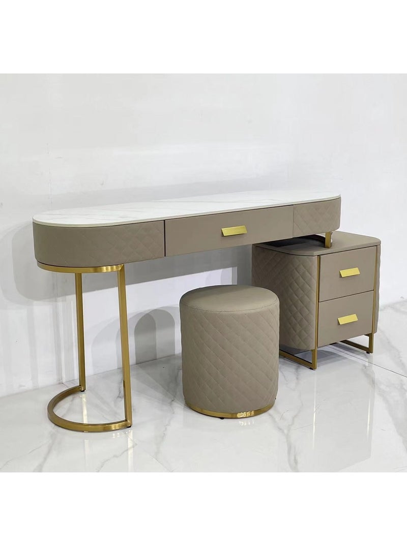 Magic DRESSING TABLE WITH STOOL, KHAKKI PU LEATHER , MARBLE TOP AND STAINLESS STEEL - Image 2