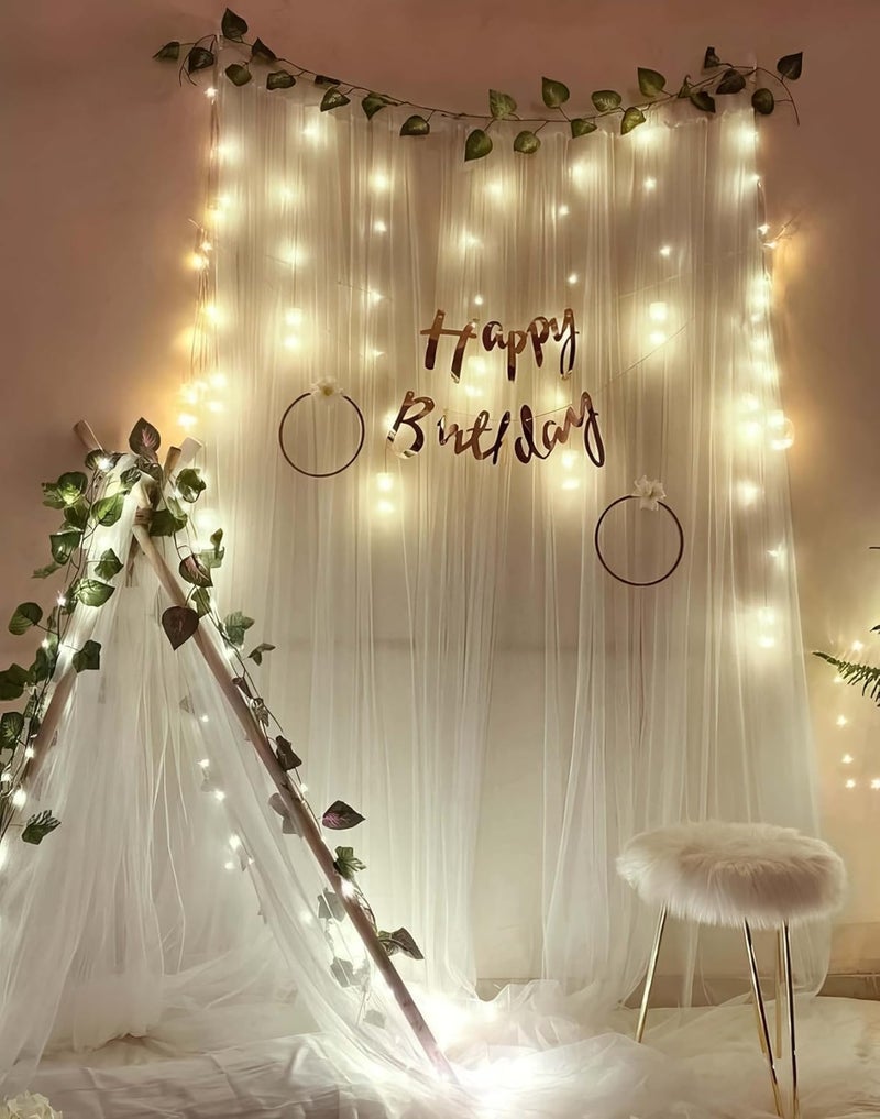 SpecialYou.in Special You Romantic Birthday Backdrop Decoration for Bedroom with White net Curtains Green Vines Fairy Light for Bedroom Cabana Tent for Birthday Decoration Canopy Tent for Decoration 12 pcs