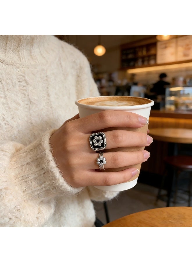 Vintage Pearl Flower Ring Square Signet Ring Black Square Ring Pearl Floral Ring Square Bang Ring Adjustable Pearl Finger Ring Jewelry for Women - Image 3