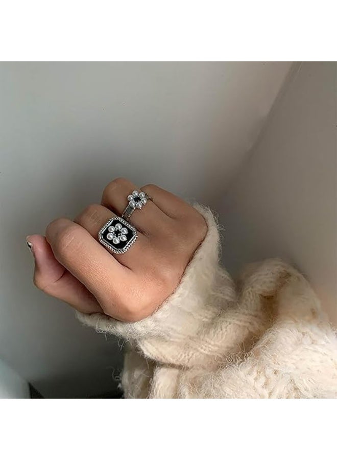 Vintage Pearl Flower Ring Square Signet Ring Black Square Ring Pearl Floral Ring Square Bang Ring Adjustable Pearl Finger Ring Jewelry for Women - Image 2