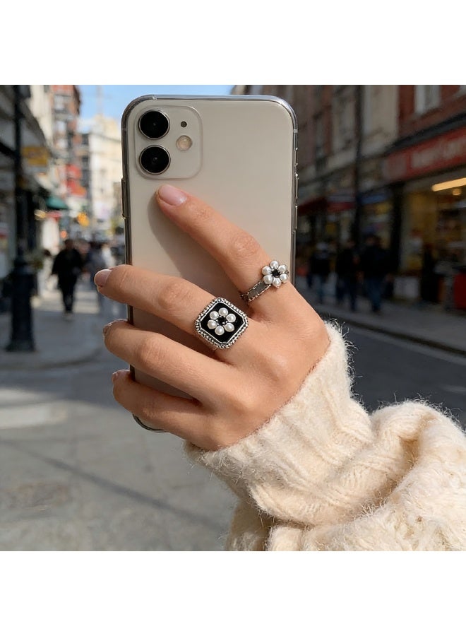 Vintage Pearl Flower Ring Square Signet Ring Black Square Ring Pearl Floral Ring Square Bang Ring Adjustable Pearl Finger Ring Jewelry for Women - Image 4