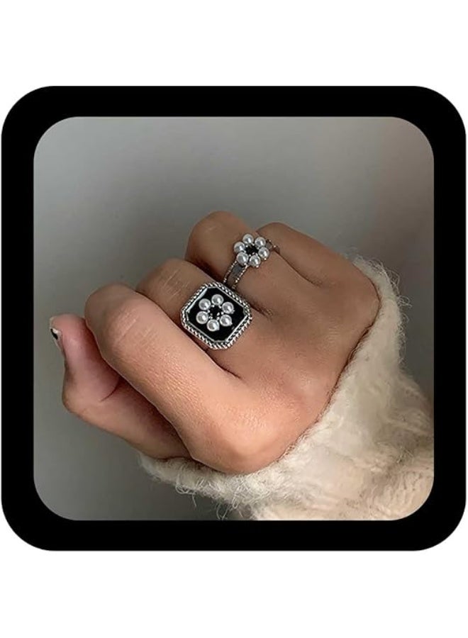 Vintage Pearl Flower Ring Square Signet Ring Black Square Ring Pearl Floral Ring Square Bang Ring Adjustable Pearl Finger Ring Jewelry for Women - Image 1