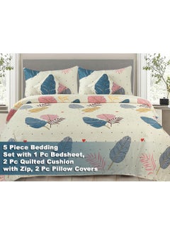 VAS COLLECTIONS Microfabric 220TC Glace Printed Cotton Bedsheet for Double Bed Perfect for King Size BedSheet 1 King Size Bedsheet 2 Quilted Pillow Covers 2 Quilted Filler Cushion Cover 90x100 Blue Leaves  - Image 2