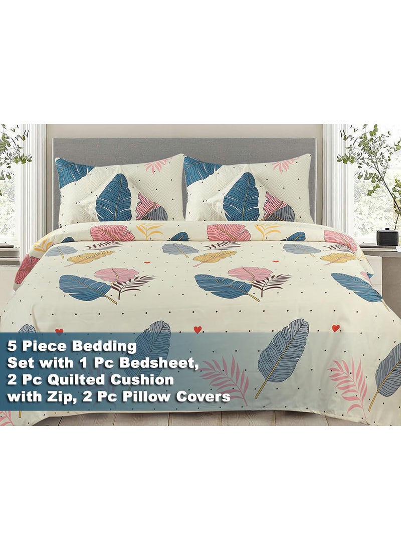 VAS COLLECTIONS Microfabric 220TC Glace Printed Cotton Bedsheet for Double Bed Perfect for King Size BedSheet 1 King Size Bedsheet 2 Quilted Pillow Covers 2 Quilted Filler Cushion Cover 90x100 Blue Leaves  - Image 2