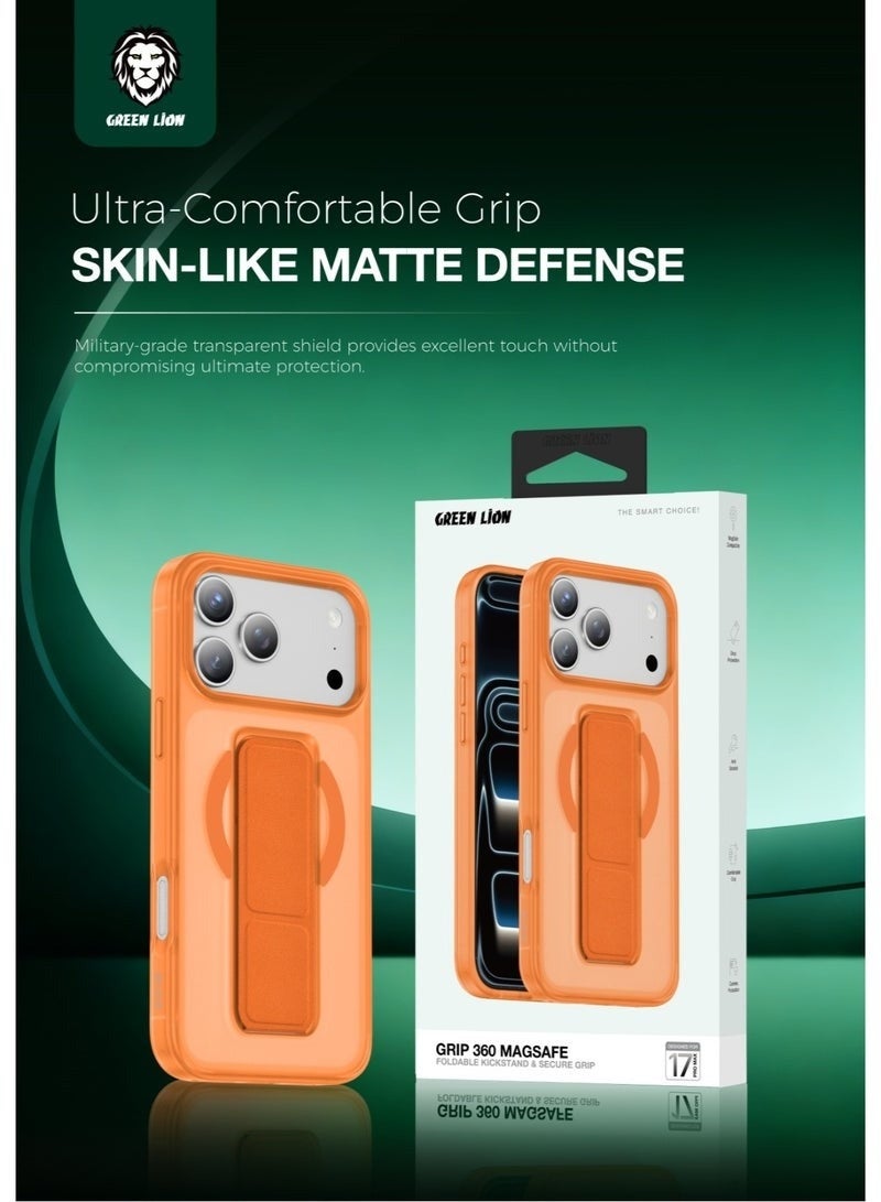 GREEN LION iPhone 17 Pro MagSafe Case GRIP 360 Back Cover / Leather Grip Strap / Foldable Stand / Strong Magnets / Drop Protection / Camera Protection / Scratch Resistant - Orange Titanium - Image 3