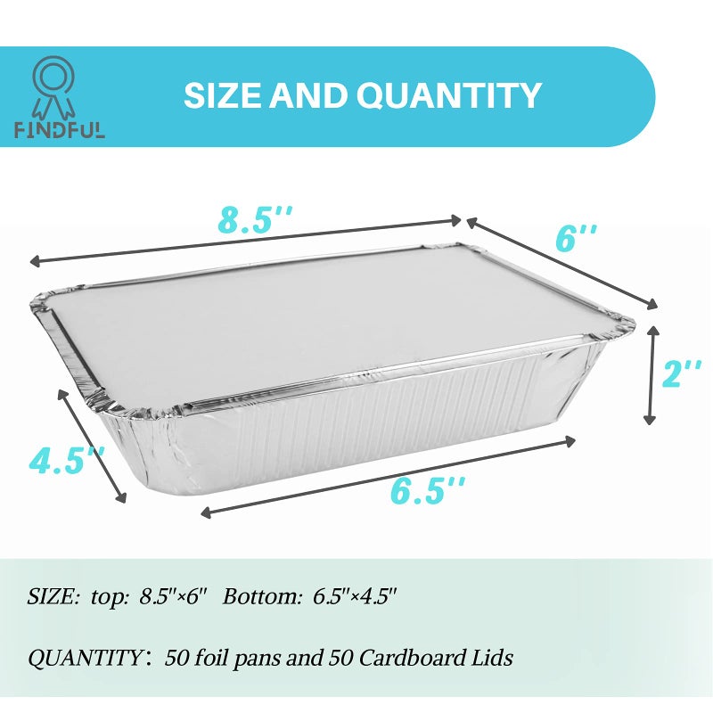 Findful Aluminum Pans with Lids (50-Pack, 8.5"×6") 2.25 LB Capacity Foil Food Containers with Lids - 50 Pans and 50 Cardboard Covers - Disposable Tin Foil Pans - for Baking, Meal Prep and Freezer, Takeout - Image 2