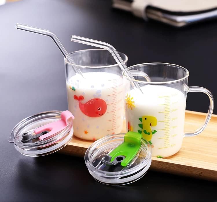 KANDPAND Cartoon Printed Design Water Drinking Glass Milk Glass Sipper CupMug with Handle Thick Shake Mug with Straw Lid Tea Coffee Tumbler for Kids Fruit Juice Smoothie Sipper Bottle 350ml Pack of 2 - Image 2