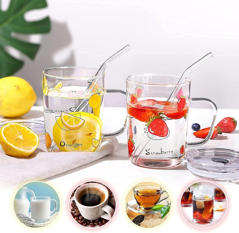 KANDPAND Cartoon Printed Design Water Drinking Glass Milk Glass Sipper CupMug with Handle Thick Shake Mug with Straw Lid Tea Coffee Tumbler for Kids Fruit Juice Smoothie Sipper Bottle 350ml Pack of 2 - Image 4