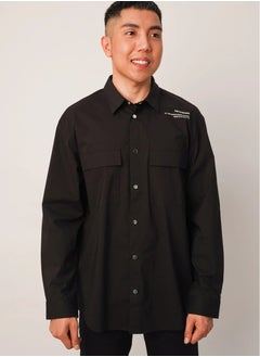 Men’s Rear Side Printed Collared Neck Shirt in Pure Black