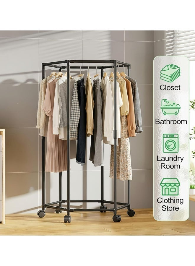 Sisily Hexagonal Rotating Clothes Rack, Mobile Rolling Garment Hanger with Wheels, Heavy Duty Clothing Storage Stand for Wardrobe Organization - Image 5