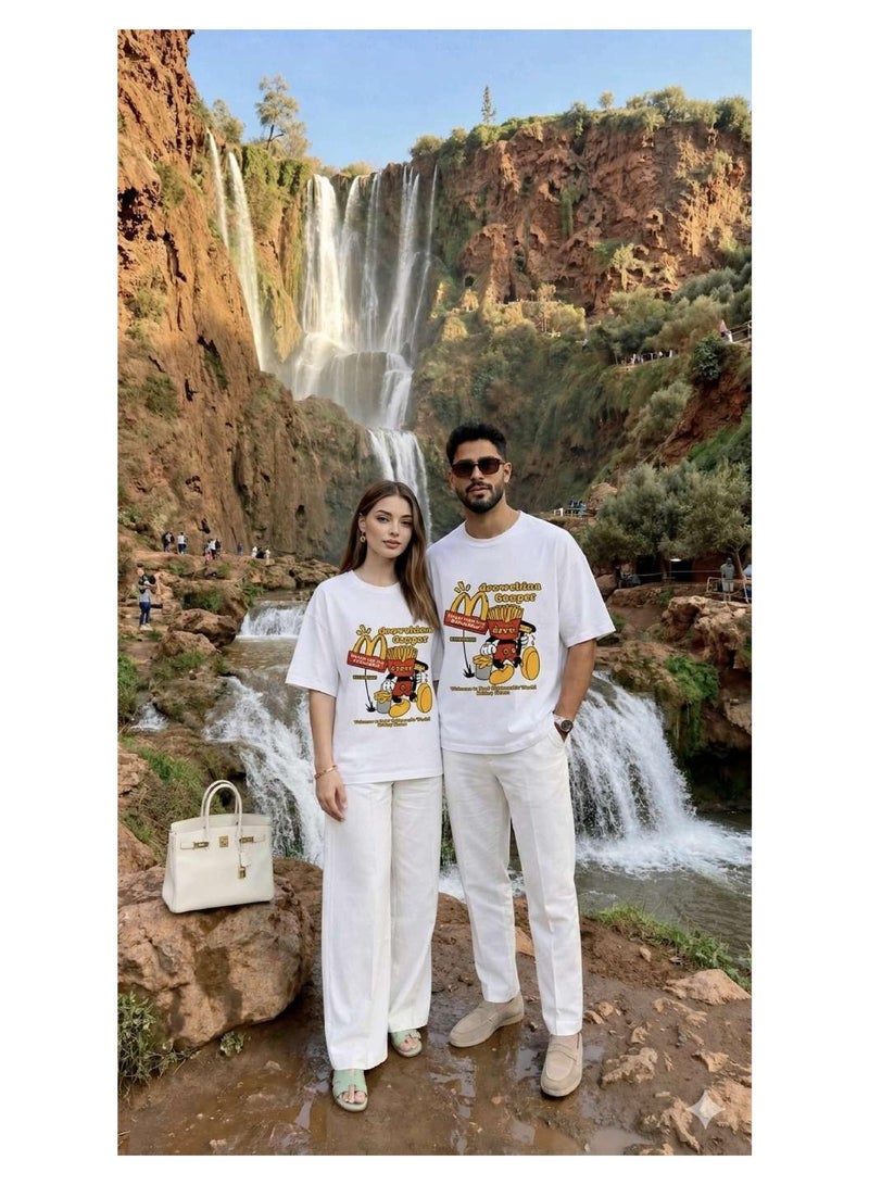 Unisex Casual Crew Neck Short Sleeve T-Shirt with Funny Cartoon Character Meme Print - White - Image 2